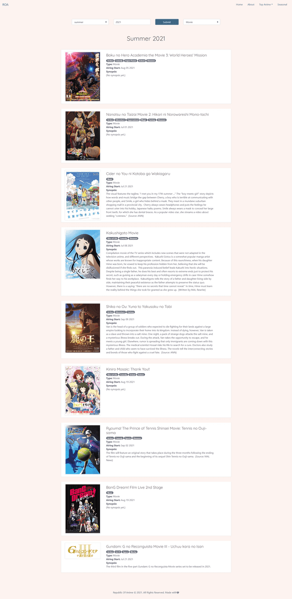 seasonal page with results